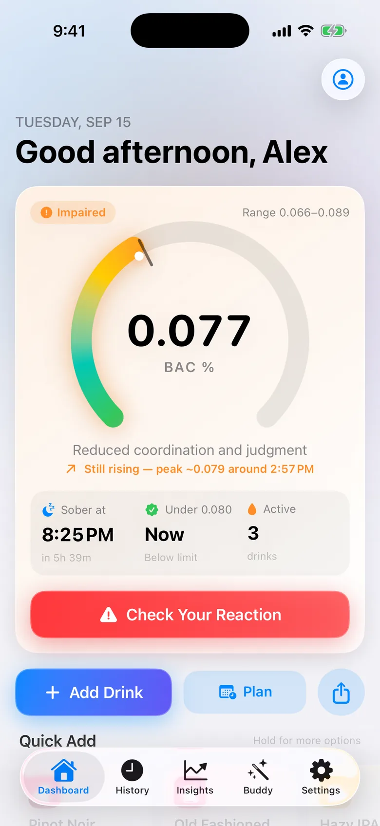 Dashboard with live BAC ring